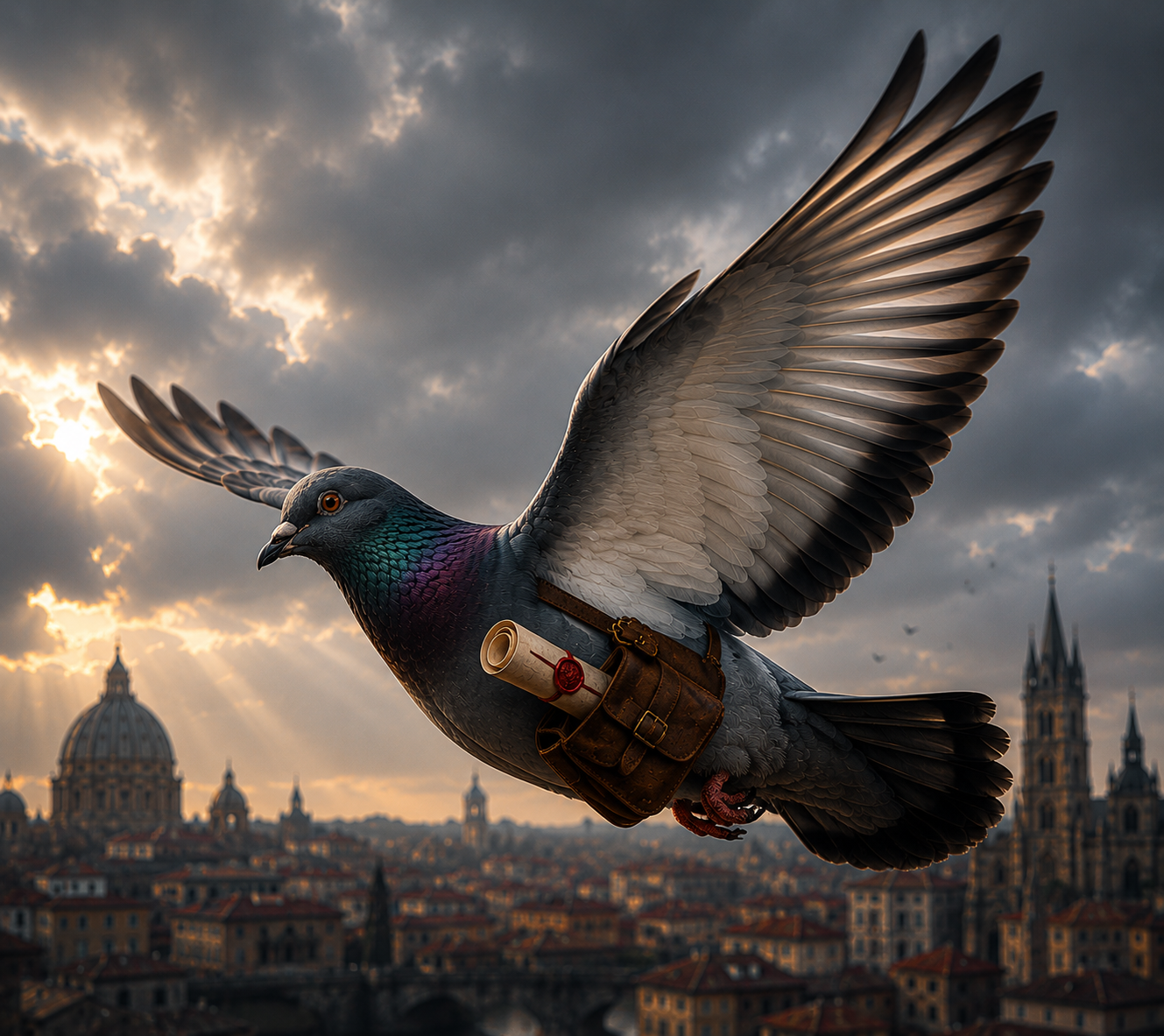 A carrier pigeon with a message satchel flying over a European city at sunset.