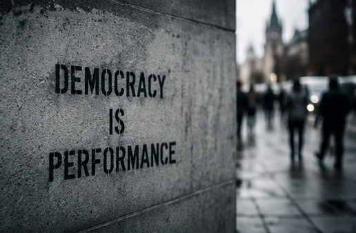 Stencil text reading Democracy is Performance on a concrete wall beside a blurred city sidewalk.