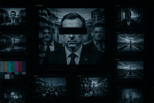 A surveillance monitor showing a man's face obscured by a black bar.