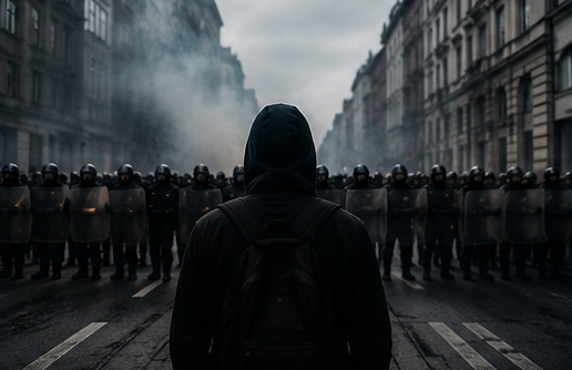 A hooded protester facing a line of riot police in a smoky street.
