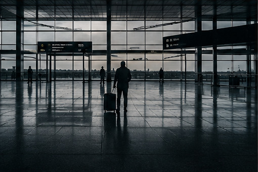 A solitary traveler standing in a glass airport terminal.