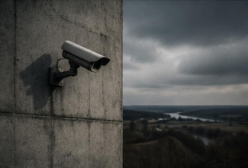 A security camera mounted on a concrete wall above a stormy landscape.