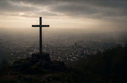 A cross standing above a hazy city at sunset.
