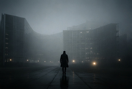 A silhouetted figure standing in a foggy plaza before dark institutional buildings.